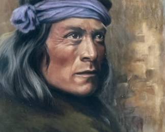 A framed painting depicting a portrait of a man wearing a purple headband. The artwork is signed ‘Rita’ in the lower right corner. The frame is wooden with a matte around the painting, and backed with paper that shows notable tearing. Frame is a bit loose. Measures in frame, 28” H x 23” W.
