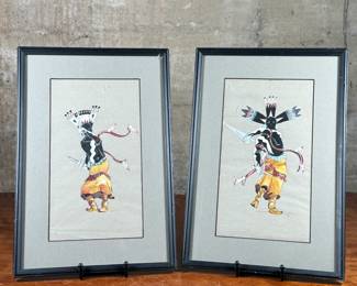 This lot features a pair of Native American paintings, likely depicting Apache Gaan dancers. Each piece measures in frame, 15” H x 10.25” W.