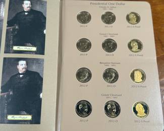 Complete 2007-2016 Presidential Dollar PDS 117-coin set featuring both brilliant uncirculated and proof coins. Coins are arranged in a dedicated album, with additional display cases for select presidential sets, including Richard Nixon, Gerald Ford, and Ronald Reagan. Includes original invoice indicating the purchase price of $339. Some missing as shown in photos.