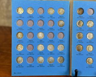 Roosevelt Dime collection starting in 1946, housed in a blue Whitman coin album. Includes multiple dimes, with several slots still unfilled. Total of thirty-two (32) 90% Roosevelt dimes included.