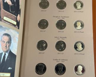 Complete 2007-2016 Presidential Dollar PDS 117-coin set featuring both brilliant uncirculated and proof coins. Coins are arranged in a dedicated album, with additional display cases for select presidential sets, including Richard Nixon, Gerald Ford, and Ronald Reagan. Includes original invoice indicating the purchase price of $339. Some missing as shown in photos.