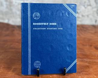 Roosevelt Dime collection starting in 1946, housed in a blue Whitman coin album. Includes multiple dimes, with several slots still unfilled. Total of thirty-two (32) 90% Roosevelt dimes included.