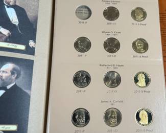 The 2007–2011 Presidential Dollar PDS set consists of 60+ copper-nickel manganese brass coins, featuring four new presidents annually from Washington to Garfield, with P (Philadelphia), D (Denver), and S (San Francisco/Proof) mint marks. Appears to be only missing one (1) coin.