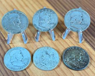 SIX FRANKLIN SILVER HALF DOLLARS