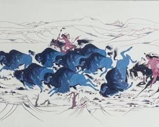 "Hunting The Spirit Buffalo", a professionally framed print by listed artist, Woody Crumbo. Measures in frame, 26.5” H x 39” W.