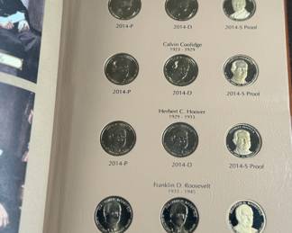 Complete 2007-2016 Presidential Dollar PDS 117-coin set featuring both brilliant uncirculated and proof coins. Coins are arranged in a dedicated album, with additional display cases for select presidential sets, including Richard Nixon, Gerald Ford, and Ronald Reagan. Includes original invoice indicating the purchase price of $339. Some missing as shown in photos.