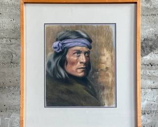 A framed painting depicting a portrait of a man wearing a purple headband. The artwork is signed ‘Rita’ in the lower right corner. The frame is wooden with a matte around the painting, and backed with paper that shows notable tearing. Frame is a bit loose. Measures in frame, 28” H x 23” W.