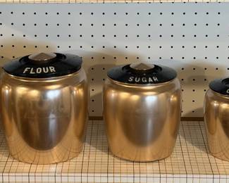 Vintage flour, sugar, tea, coffee brass containers