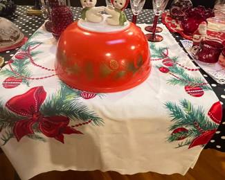 50’s Christmas table cloth , Red Christmas Pyrex bowl