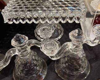 Square Fostoria cake stand ,pair Fostoria candle sticks