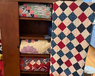 One door primitive cupboard, patchwork 1800’s quilt