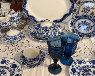 Large flow blue platter , blue Fostoria goblets