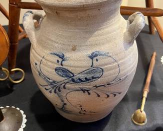 Salt glaze pottery crock w lid with cobalt blue painted birds