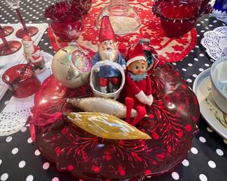 Christmas ornaments, pixie on red cake stand
