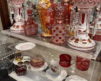 Pair pink Victorian Lusters, Cranberry perfume bottles etc