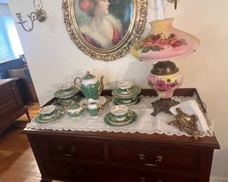 Large oval portrait picture, brass wall candle sconces