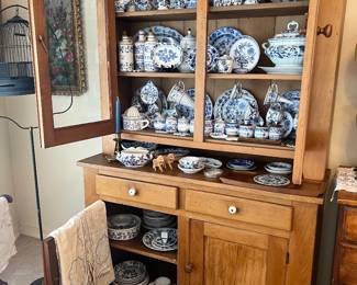 Blue and white German spice sets,ornate funnels , wood handle porcelain dippers etc