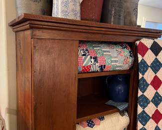 Old blue sponge ware pitcher , various handmade quilts