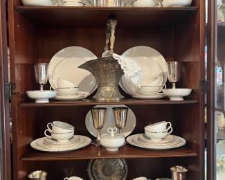 Silver plate goblets , silver brides basket , set silver rim china