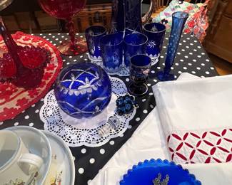 Cobalt blue Bohemian pitcher and glass set