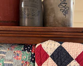 Pennsylvania pottery crocks , old red paint bucket