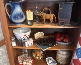 Blue salt glaze pitcher ,old cow pull toy ( wheels missing ),coffee grinder ,