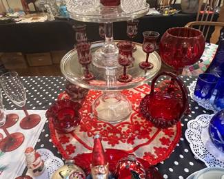 Red cordials , round red work ,Czech perfume bottles