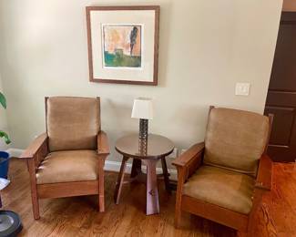 Signed Stickley Mission chairs and side table
