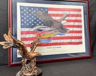 JD120Signed Military Art Print And Copper Metal Eagle Sculpture