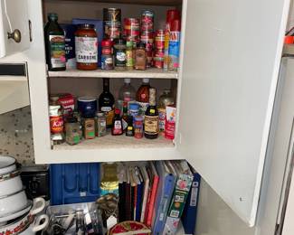 Canned Goods, Spices, Cook Books, Knives, Measure Cups, Trivets 