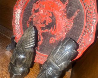 Balinese carved figures and cool Asian plate