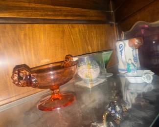 Vintage etched amber pedestal footed glass compote dish