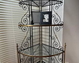 French Style Corner Bakers Rack with Brass Accents
