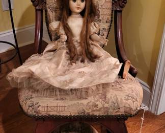 Petite Upholstered Rocking Chair, Ottoman and Vintage Doll