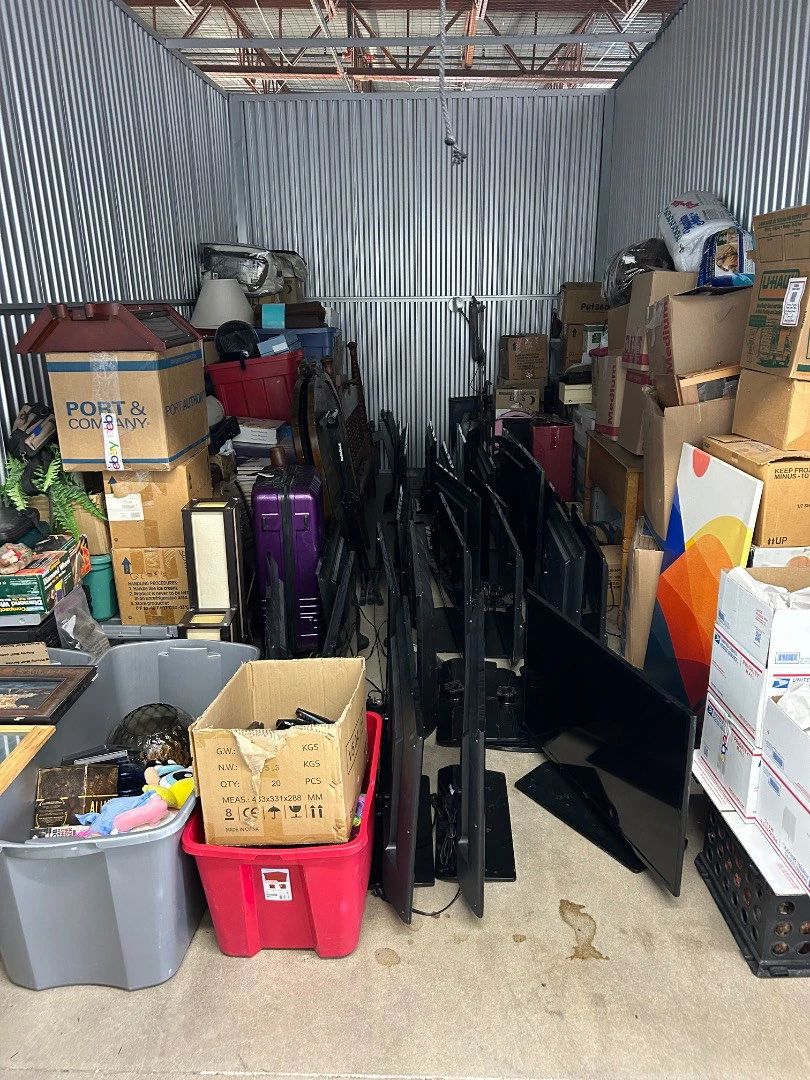 Lot #1 Large 10’x20’ Storage Unit 20+ TVs with remotes, Artwork, Antique Furniture, tools, Totes and Boxes