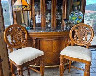 Handsome Curved Granite Top Bar with Brass Rail with Two Chairs; Vintage Tiffany Style Egyptian Revival Slag Glass Lamp