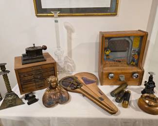Antique Selection  including printer's box,  surveyor's instrument, World's Fair change holder, Spy glasses, Laboratory beaker, 1930's Pitcher & Catcher pinball machine.  