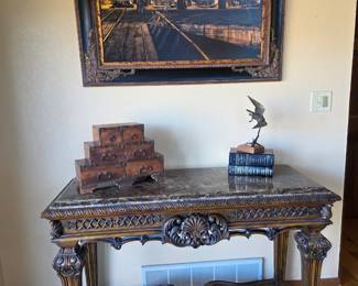 Carved wood console table with granite top; Silverton-Durango engines art.