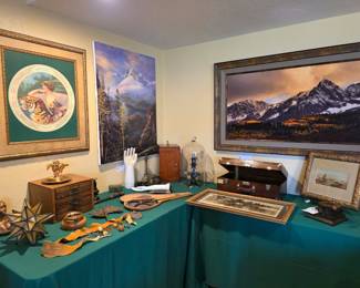 Assorted Antiques including 1900's Microscope with original box and glass dome; printers drawers & Surveyors instrument