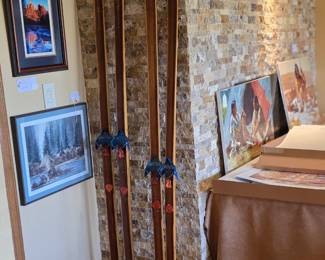 Pair of hickory wood Norwegian cross country skis 1960's-70's.