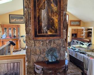 Carved Wood Demi-Lune Table; Waterfall Photograph.