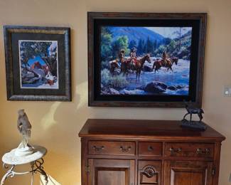 Solid cherry wood cabinet made in USA; framed fine art.