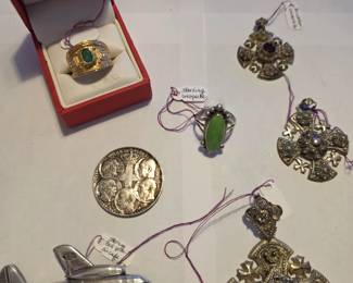 Gold and Emerald ring (in box);  Three Jerusalem Cannentille crosses;  Greek coin, sterling WWII pin.