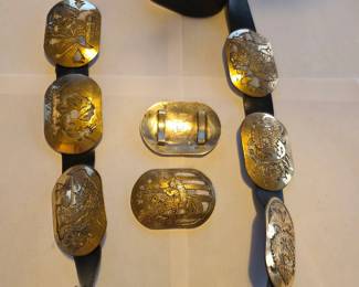 Floyd Becenti Navajo sterling silver gold fill overlay & leather Storyteller Belt