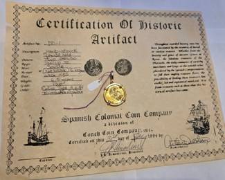 Certificate of historic Artifact - Gold coin from the Atocha Shipwreck