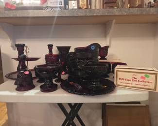 Avon 1876 cape cod collection: 8+ footed glasses, goblets, small goblets, salad plates.  2 tier dessetrt server, pitcher, vase, candle sticks 