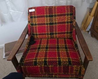 MCM Hardwood Lounge Chair with Plaid Upholstery