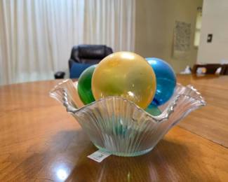 Ribbed Bowl and Four Decorative Glass Spheres