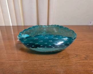 Murano Teal Bullicante Glass Trilobed Bowl