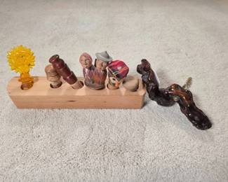 Bottle Stoppers and a Burl Wood Handle Corkscrew
